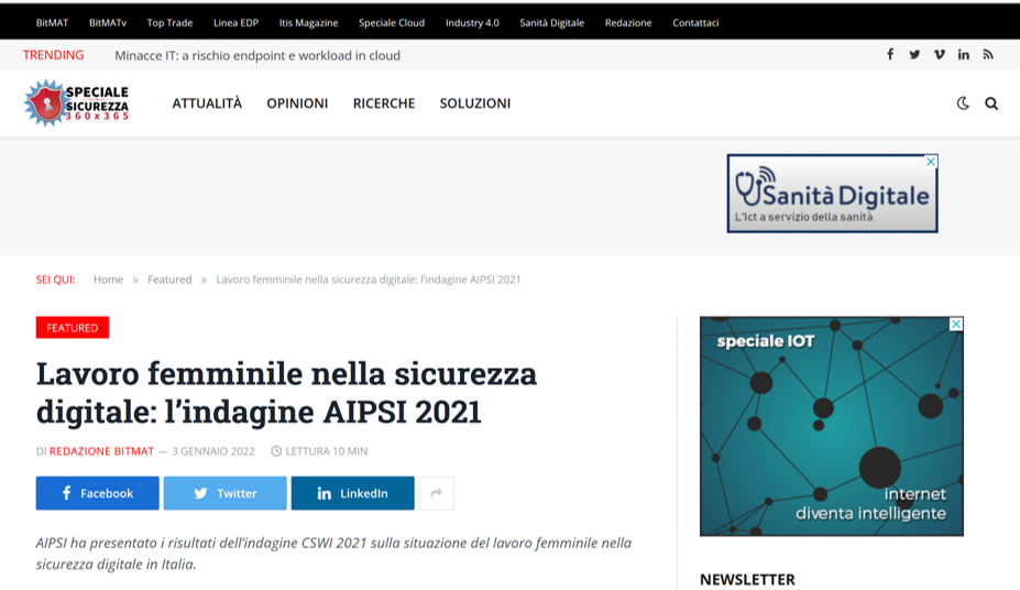 Articolo su "Lavoro femminile nella sicurezza digitale: l’indagine AIPSI 2021" pubblicato il 3/1/2022 su BitMat 